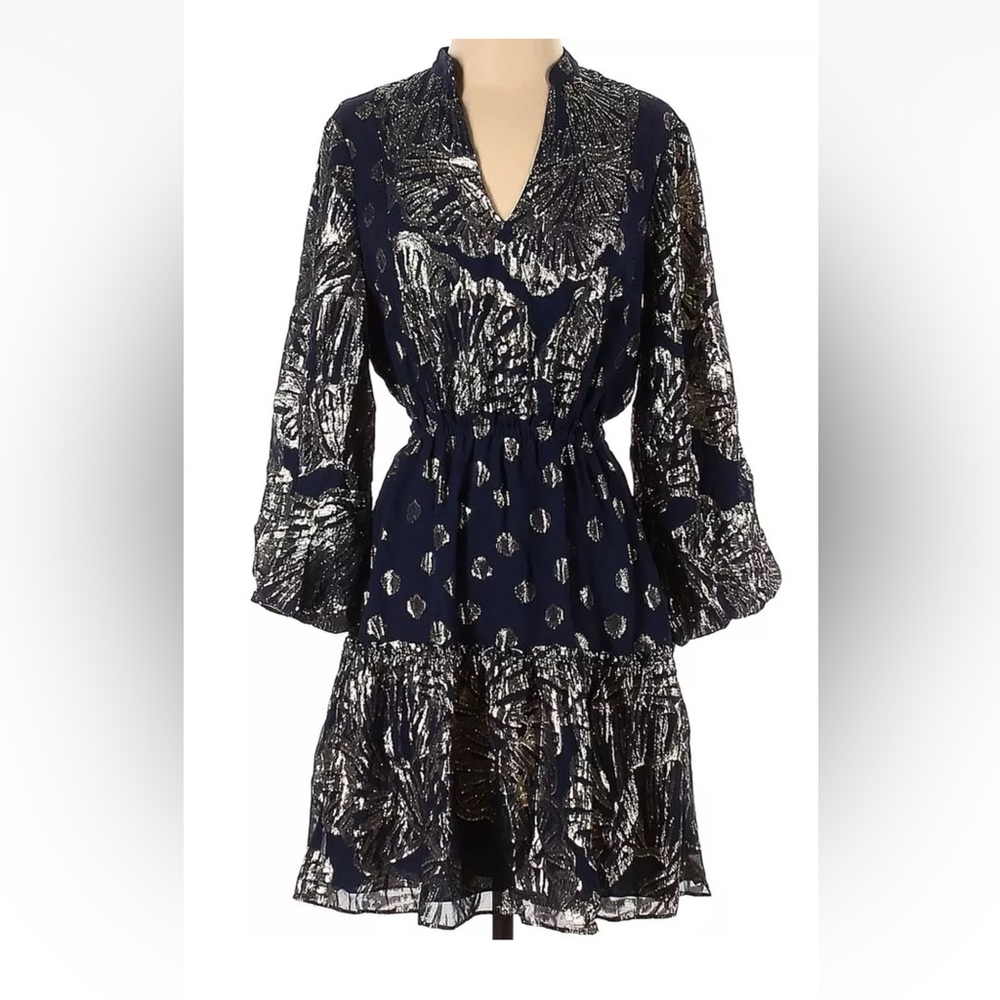 LILLY PULITZER SIZE 00 JOELLA SILK DRESS *SEAGRASS METALLIC CLIP* TRUE NAVY